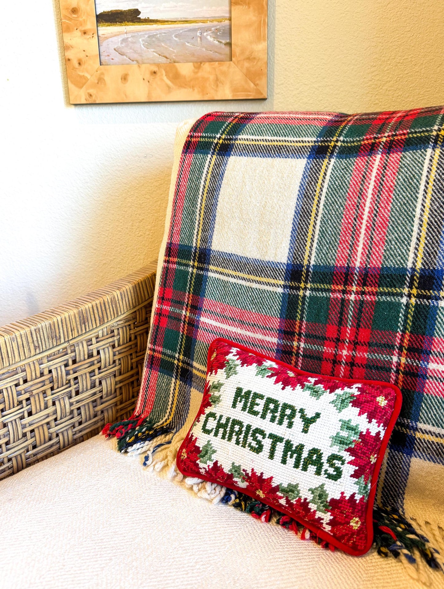 Vintage Christmas Needlepoint Pillow, Merry Christmas