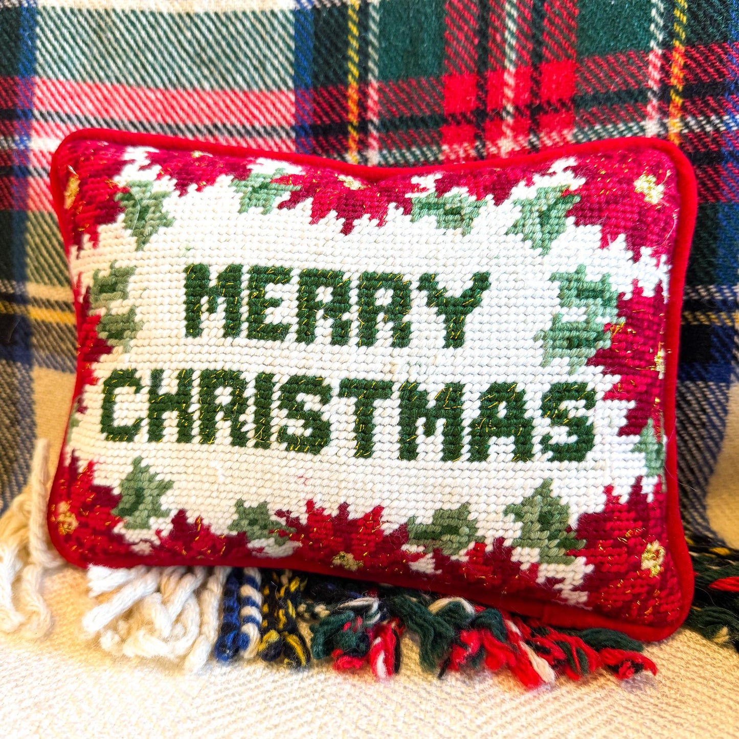 Vintage Christmas Needlepoint Pillow, Merry Christmas