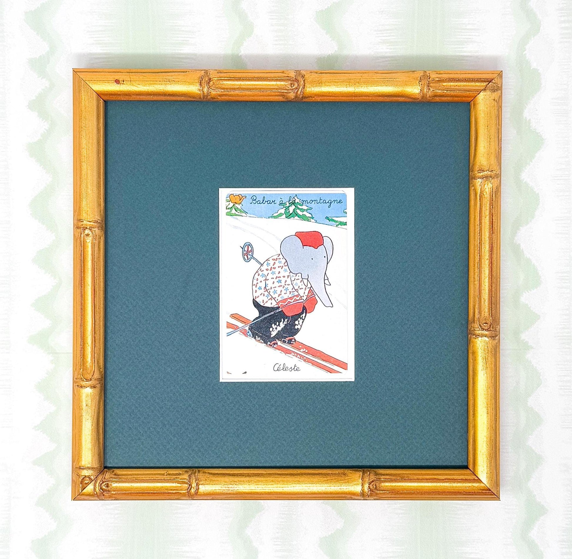 Pair of Vintage Framed Babar and Celeste Cards, Skiing