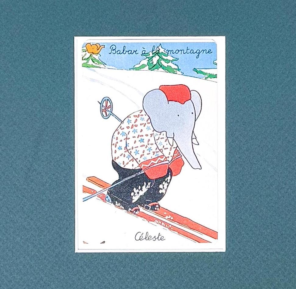 Pair of Vintage Framed Babar and Celeste Cards, Skiing