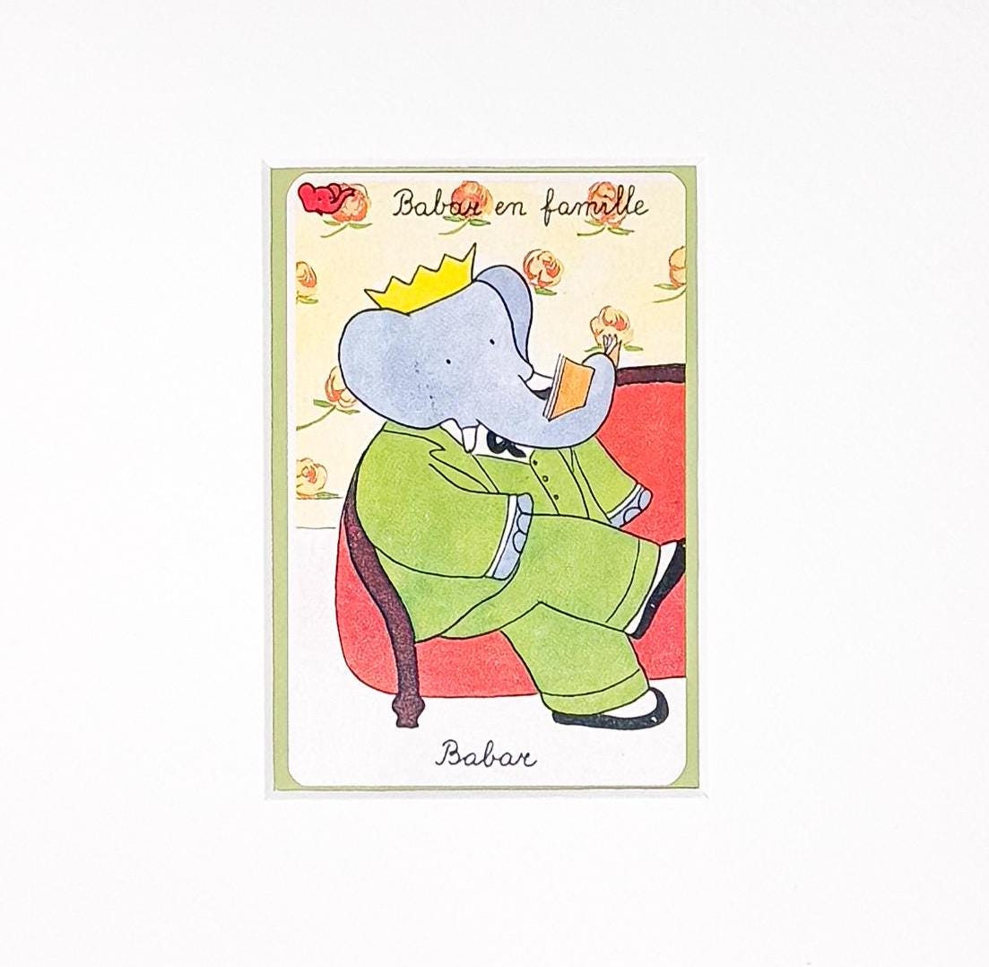 Pair of Vintage Framed Babar and Celeste Cards, Reading and Sewing