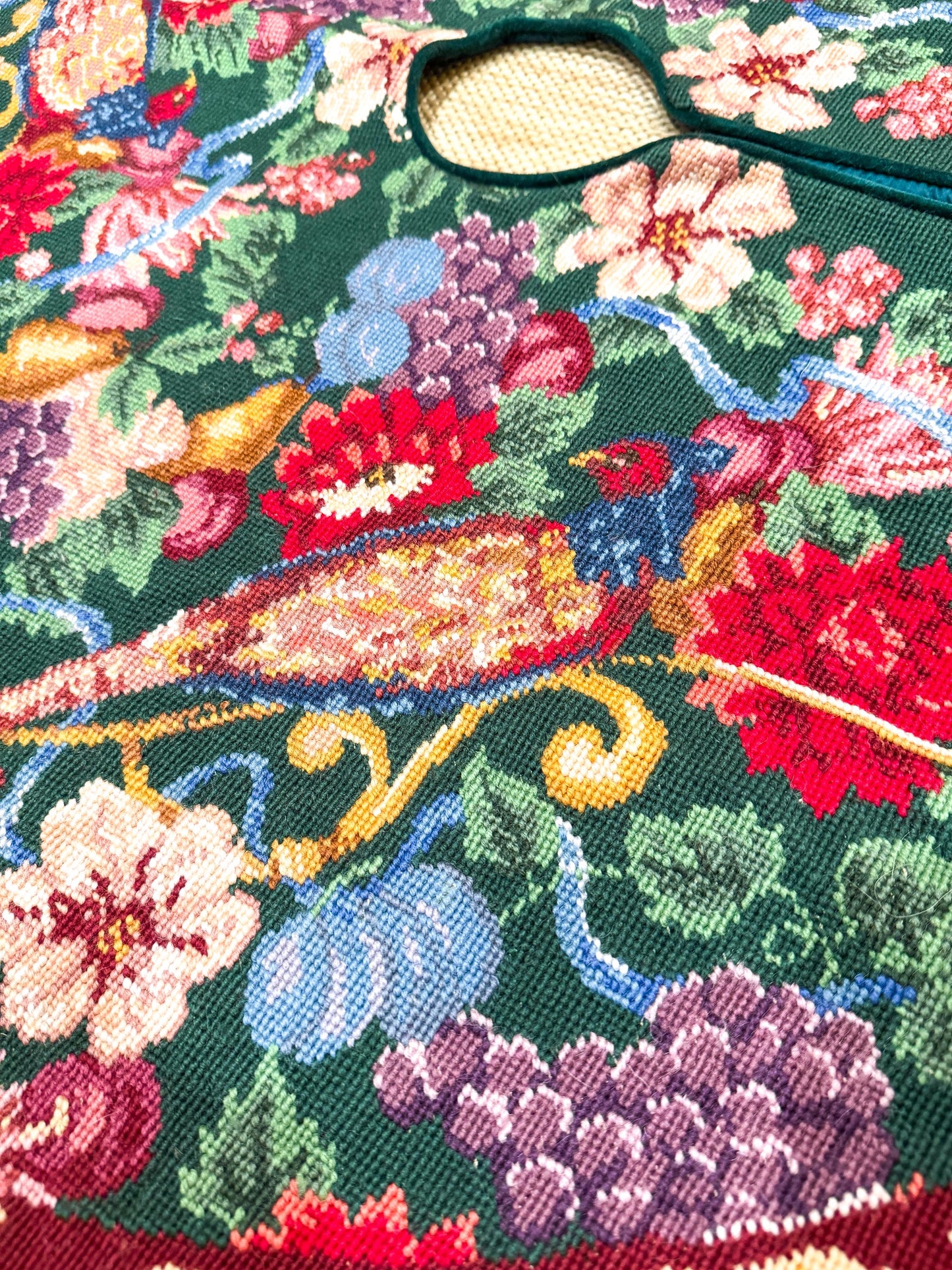 Vintage Needlepoint Christmas Tree Skirt, Pheasants and Florals