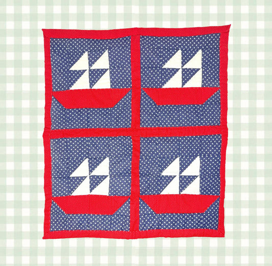 Vintage Handmade Sailboat Baby Quilt, Red and Blue