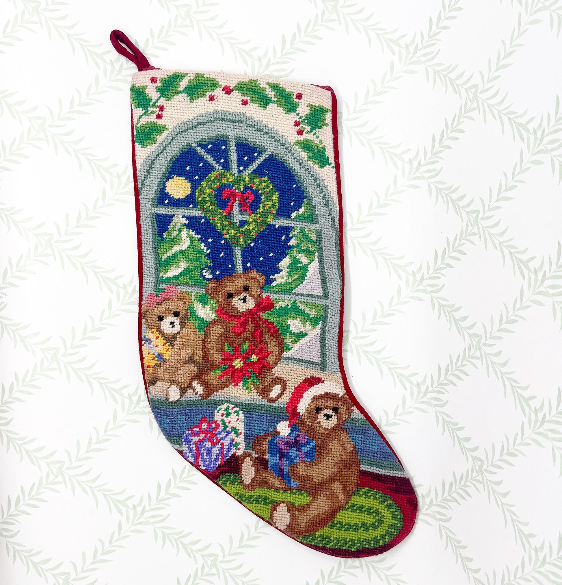 Vintage Needlepoint Christmas Stocking, Teddy Bears