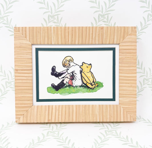 Framed Vintage Winnie the Pooh Postcard, Christopher Robin and Pooh