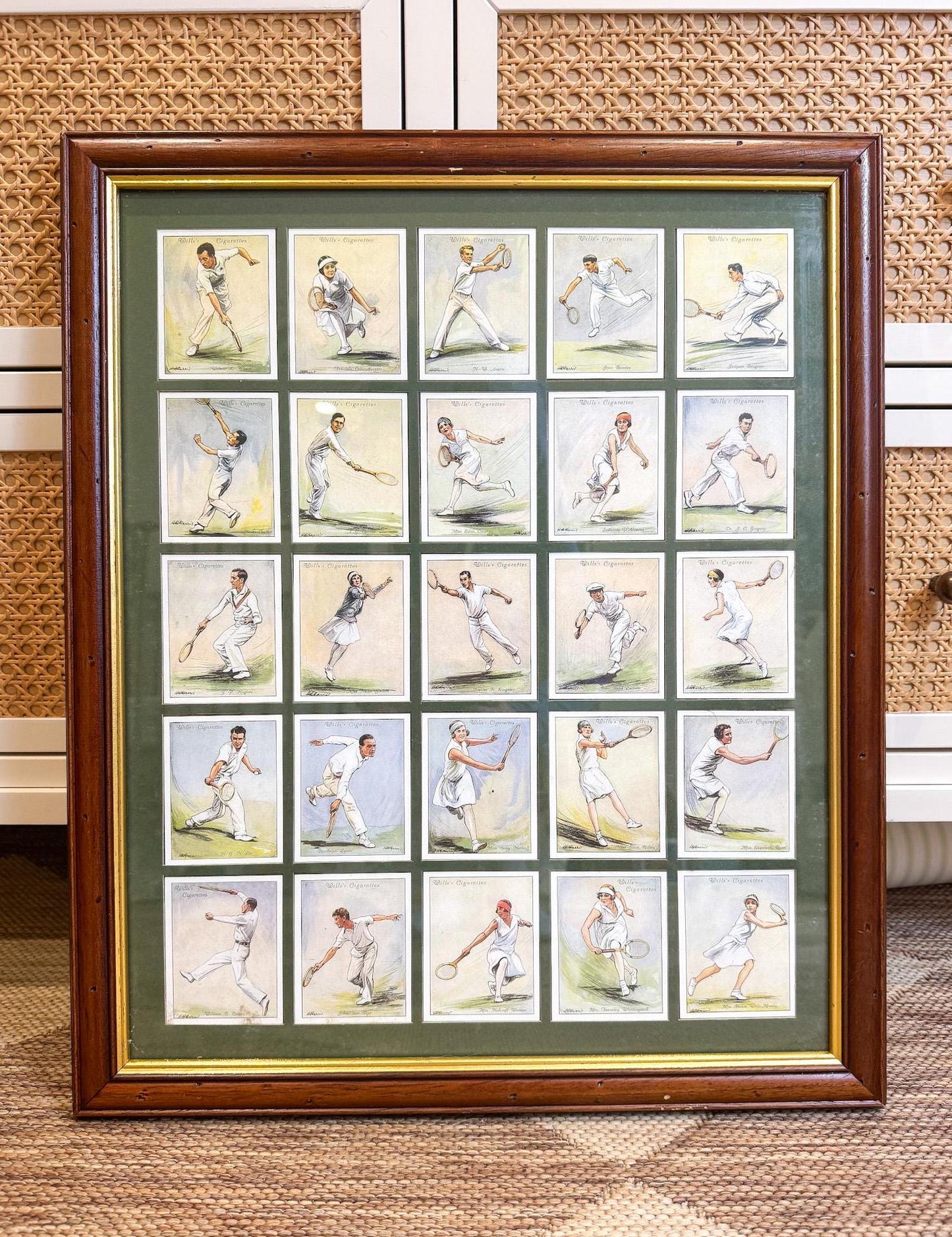 Vintage Framed British Tennis Cigarette Cards, 17"x20"