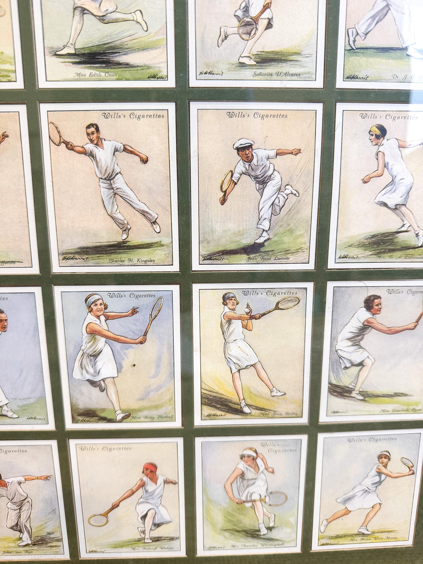 Vintage Framed British Tennis Cigarette Cards, 17"x20"