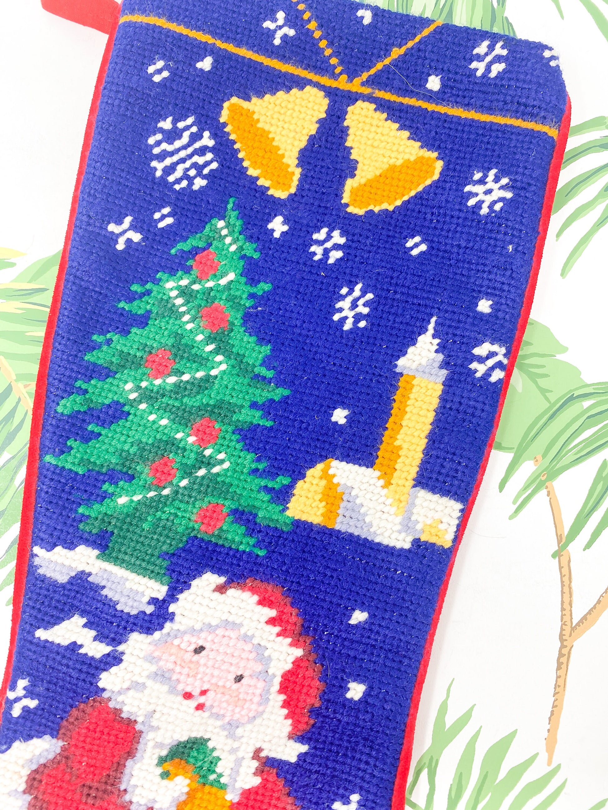 Vintage Handmade Needlepoint Christmas Stocking - Santa Claus and Rudolph