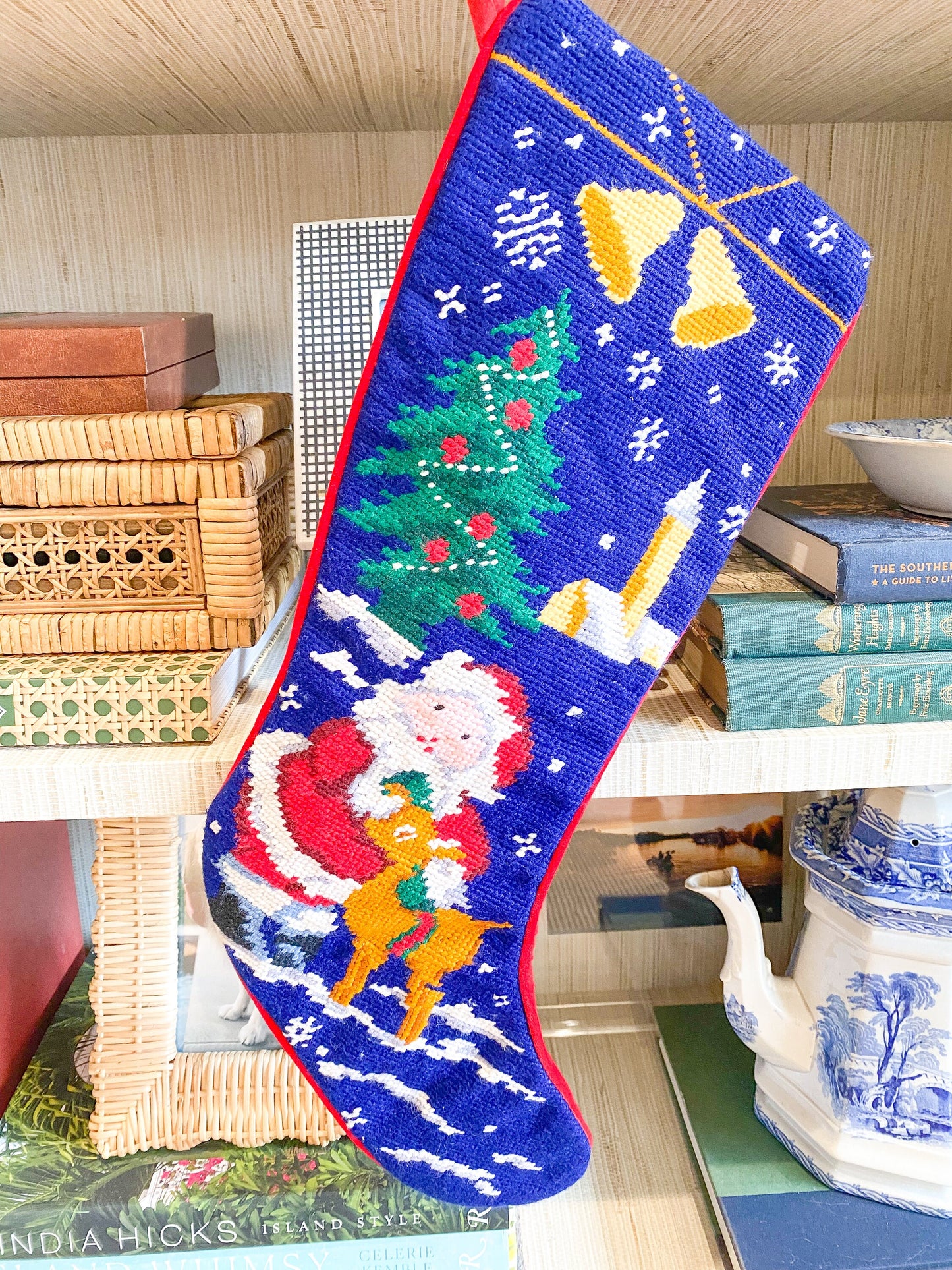Vintage Handmade Needlepoint Christmas Stocking - Santa Claus and Rudolph