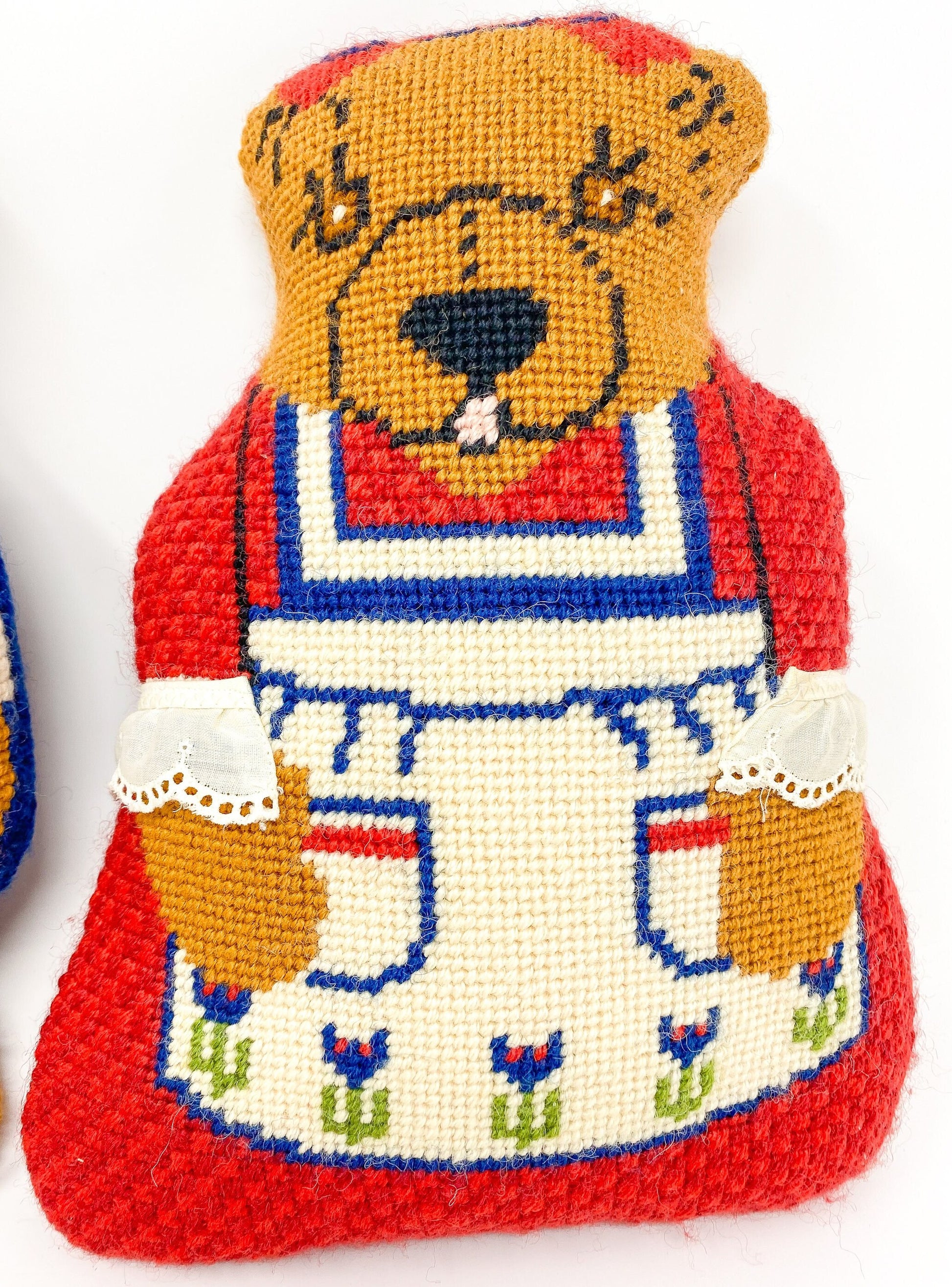 Pair of Handmade Needlepoint Bear Pillows