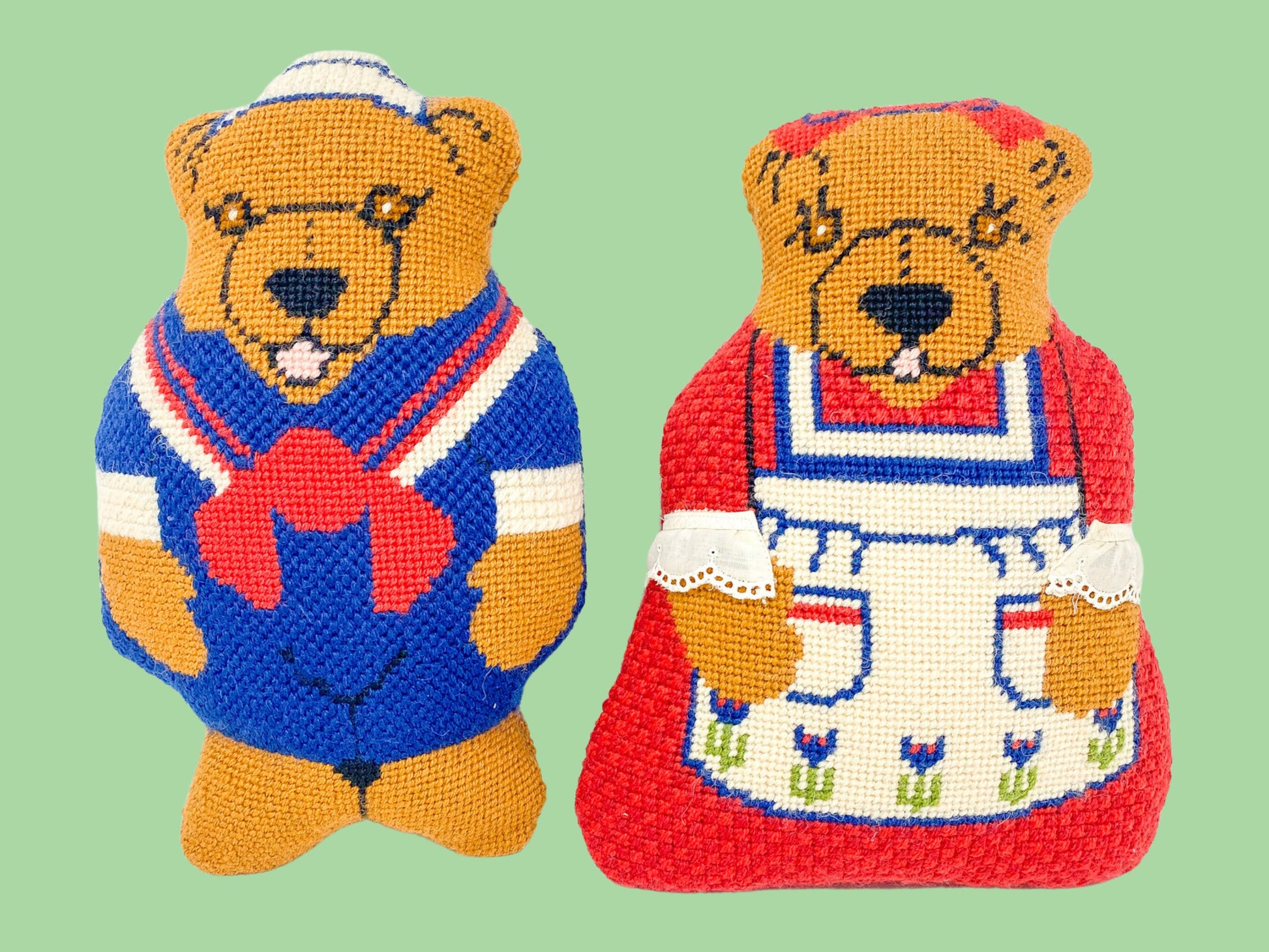 Pair of Handmade Needlepoint Bear Pillows