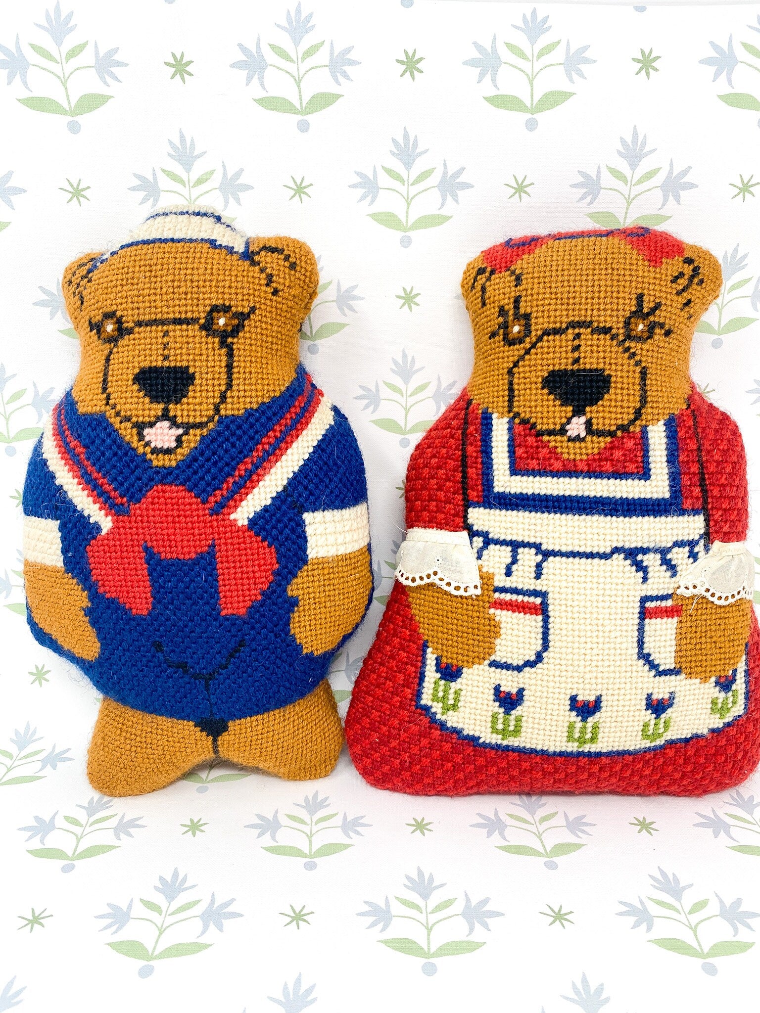 Pair of Handmade Needlepoint Bear Pillows