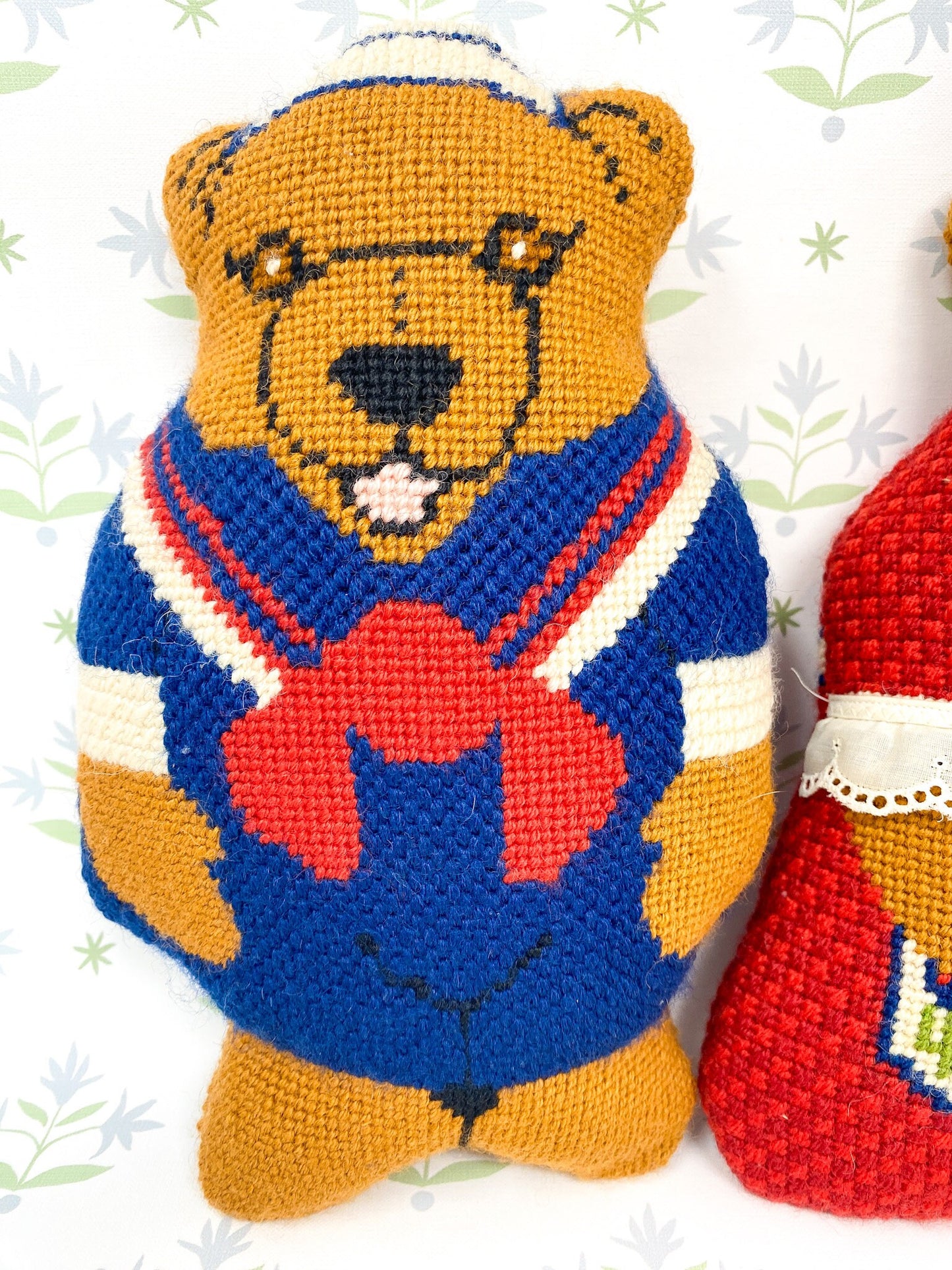 Pair of Handmade Needlepoint Bear Pillows