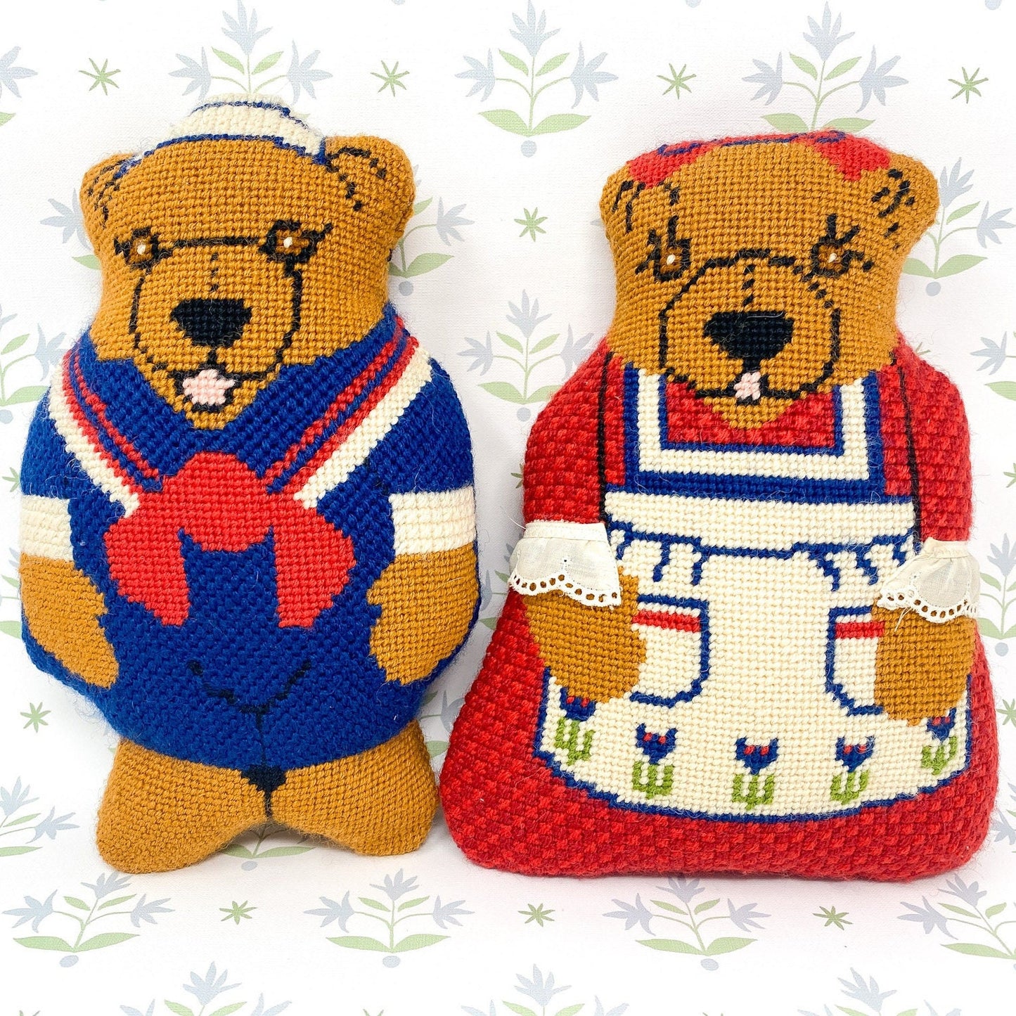 Pair of Handmade Needlepoint Bear Pillows