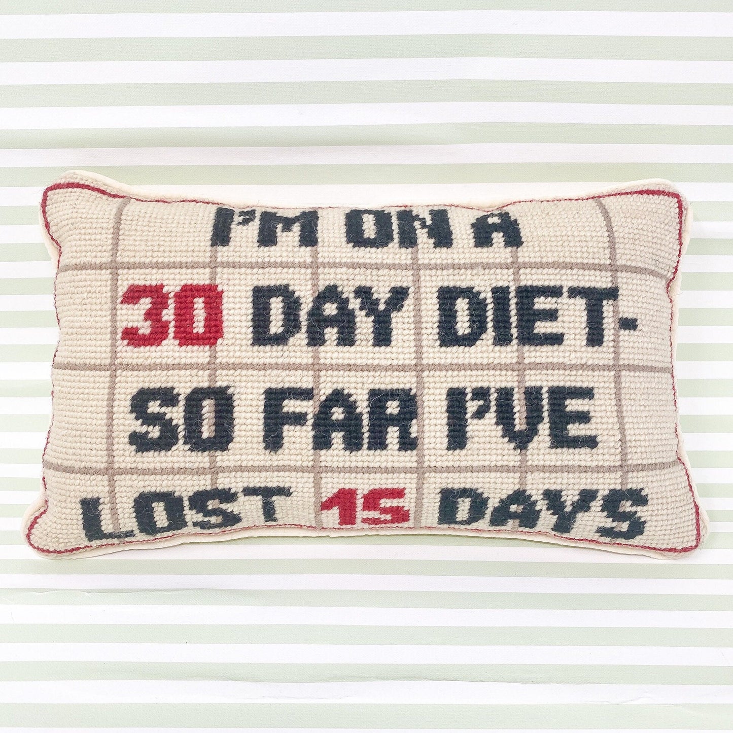 Vintage Needlepoint Pillow - I'm On A 30 Day Diet, So Far I've Lost 15 Days