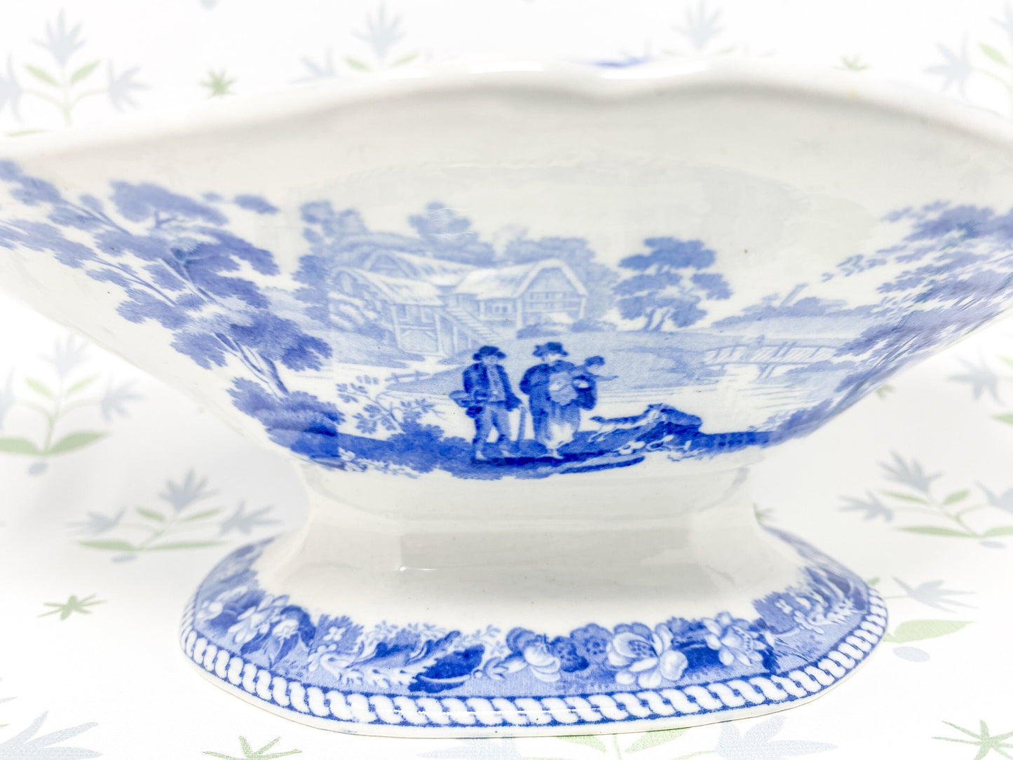 Antique Staffordshire Blue White Transferware Pedestal Bowl