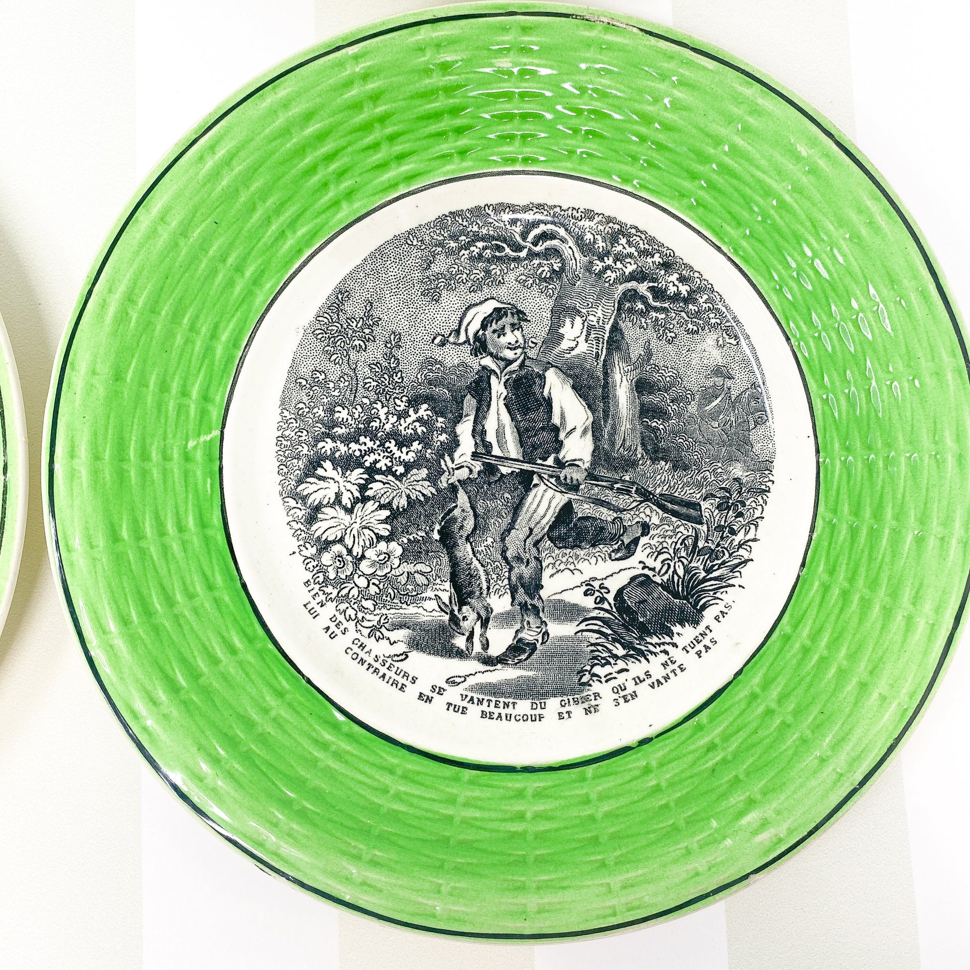 Set of (4) Antique French Digoin Sarreguemines Green Trimmed Dessert Talking Plates