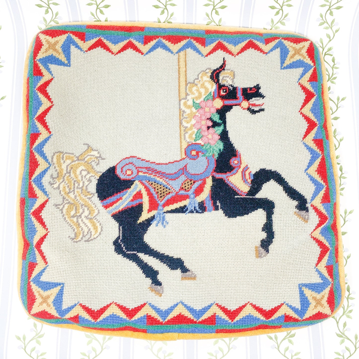 Handmade Vintage Needlepoint Pillow Cover *AS IS* - Carousel Horse