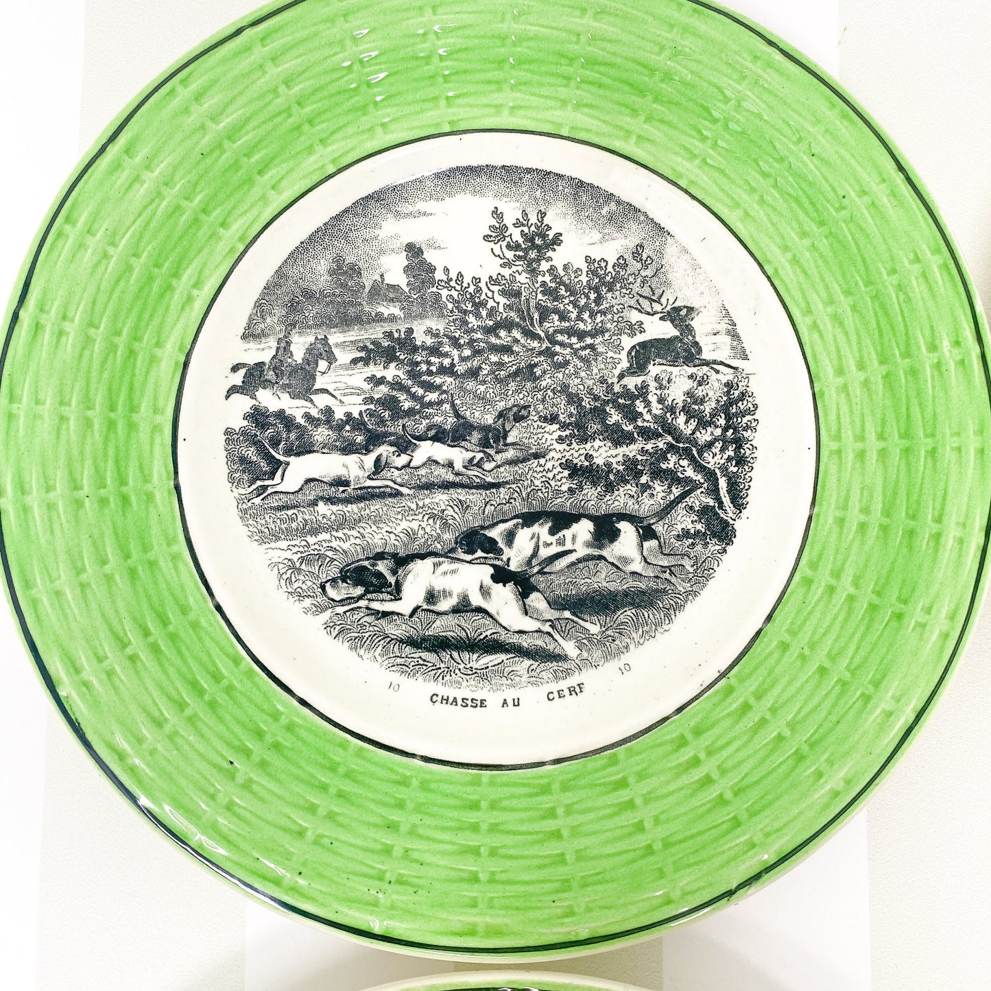 Set of (4) Antique French Digoin Sarreguemines Green Trimmed Dessert Talking Plates