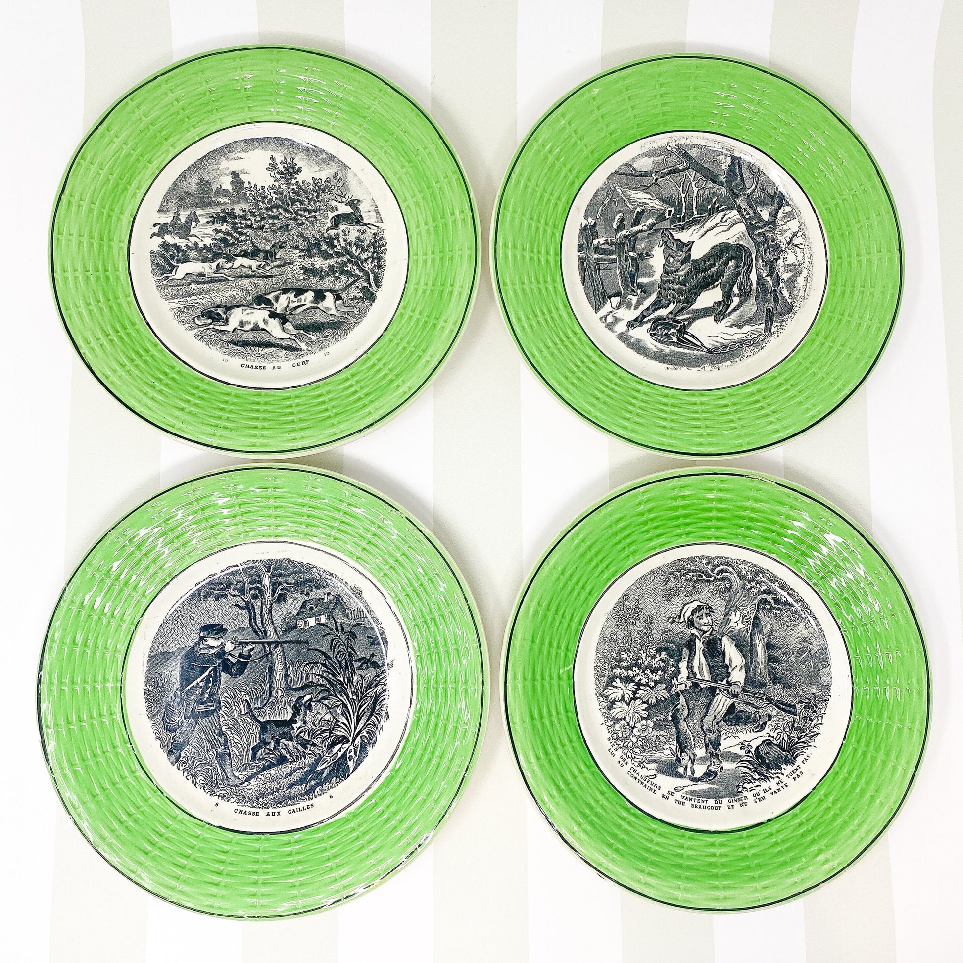 Set of (4) Antique French Digoin Sarreguemines Green Trimmed Dessert Talking Plates