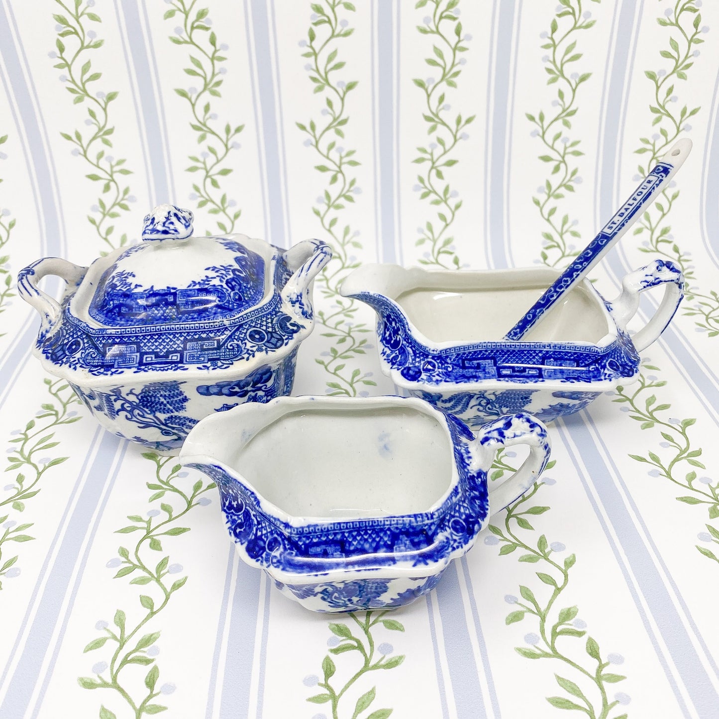 Antique Blue Willow Transferware Tea Serving Pieces - Set of 3