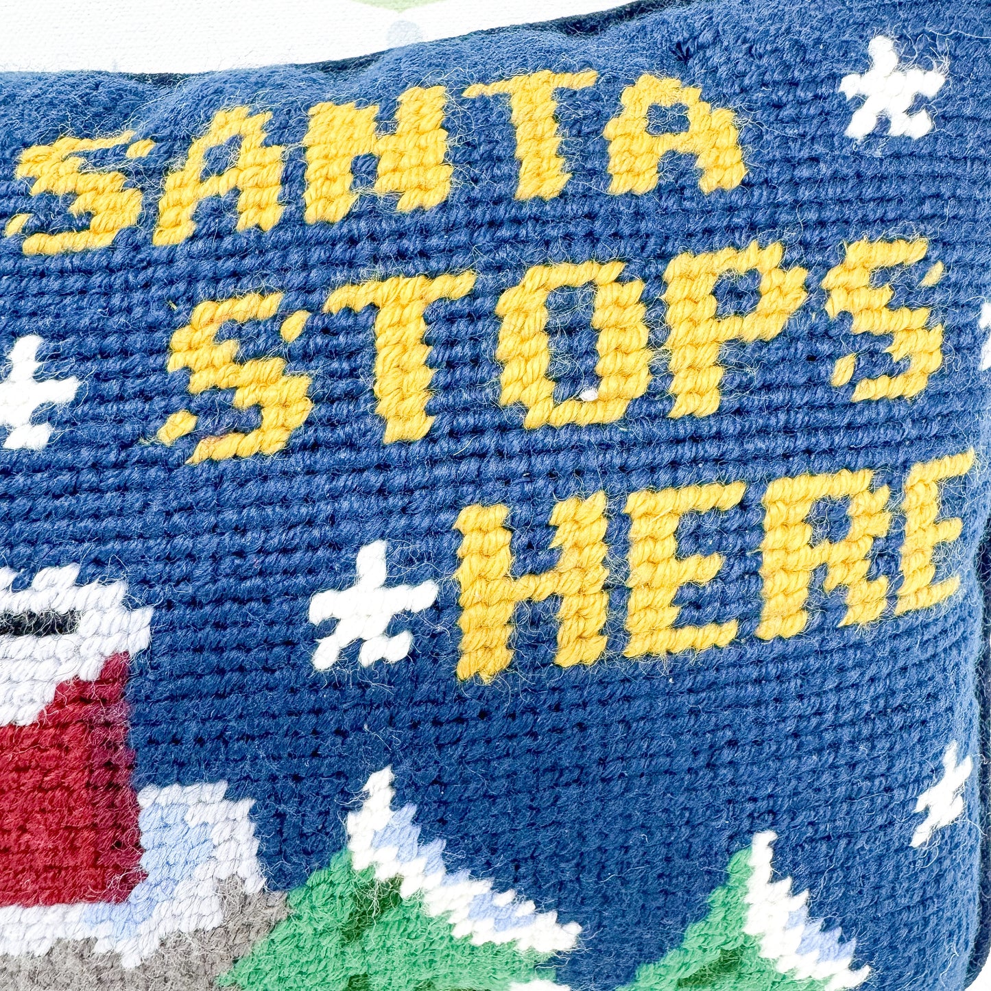 Santa Stops Here Vintage Christmas Needlepoint Pillow