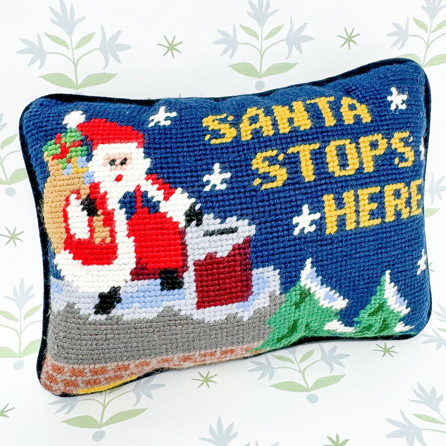 Santa Stops Here Vintage Christmas Needlepoint Pillow