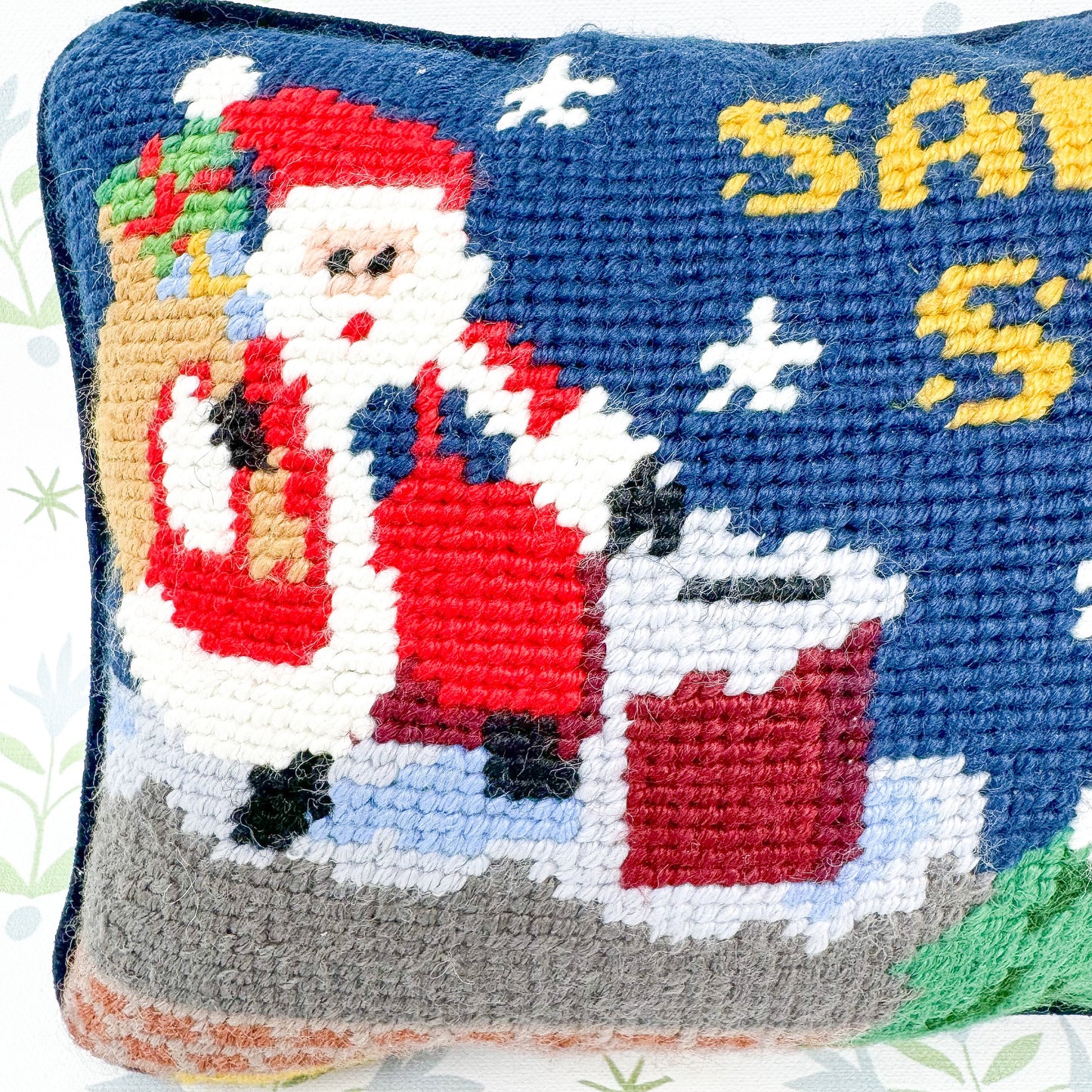 Santa Stops Here Vintage Christmas Needlepoint Pillow