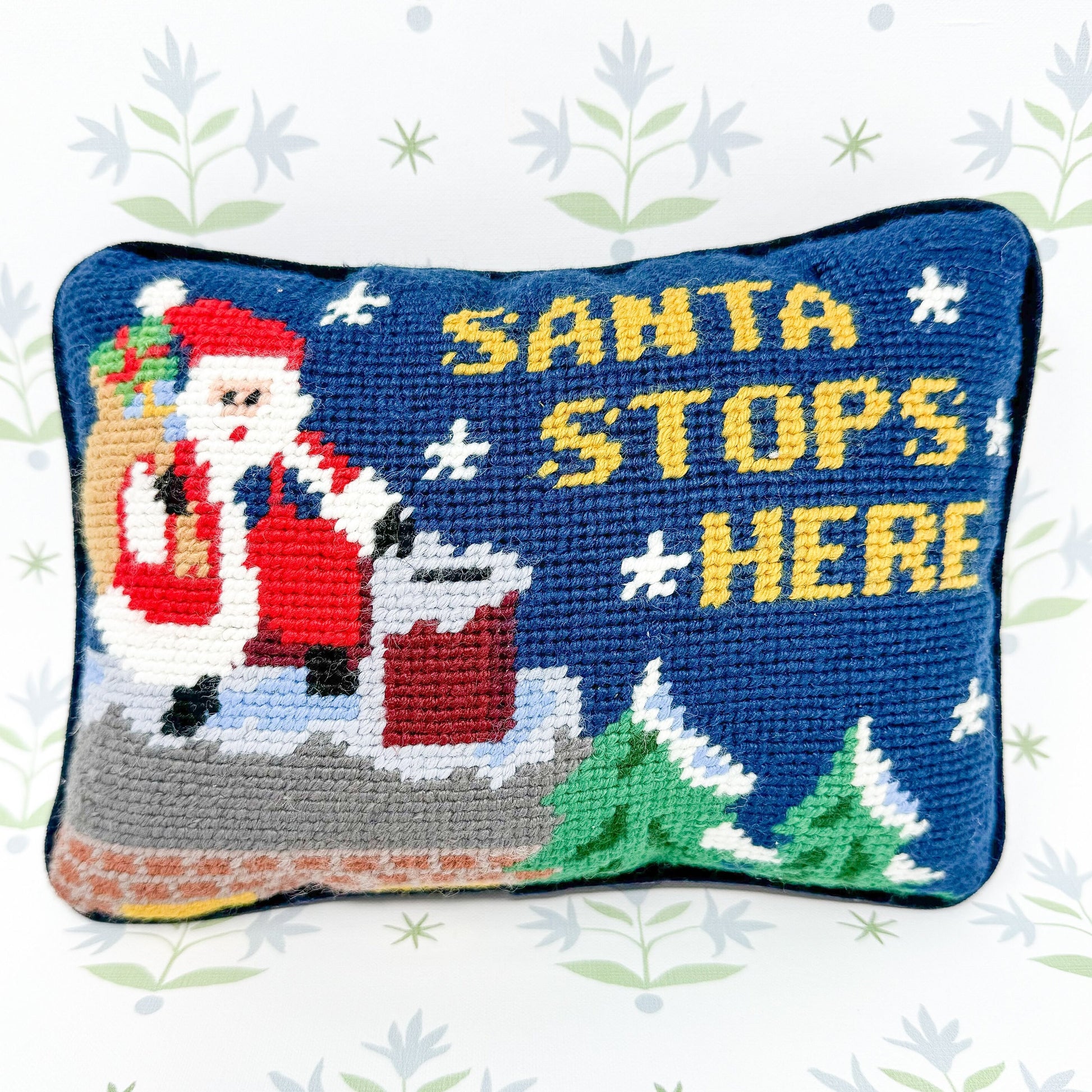 Santa Stops Here Vintage Christmas Needlepoint Pillow