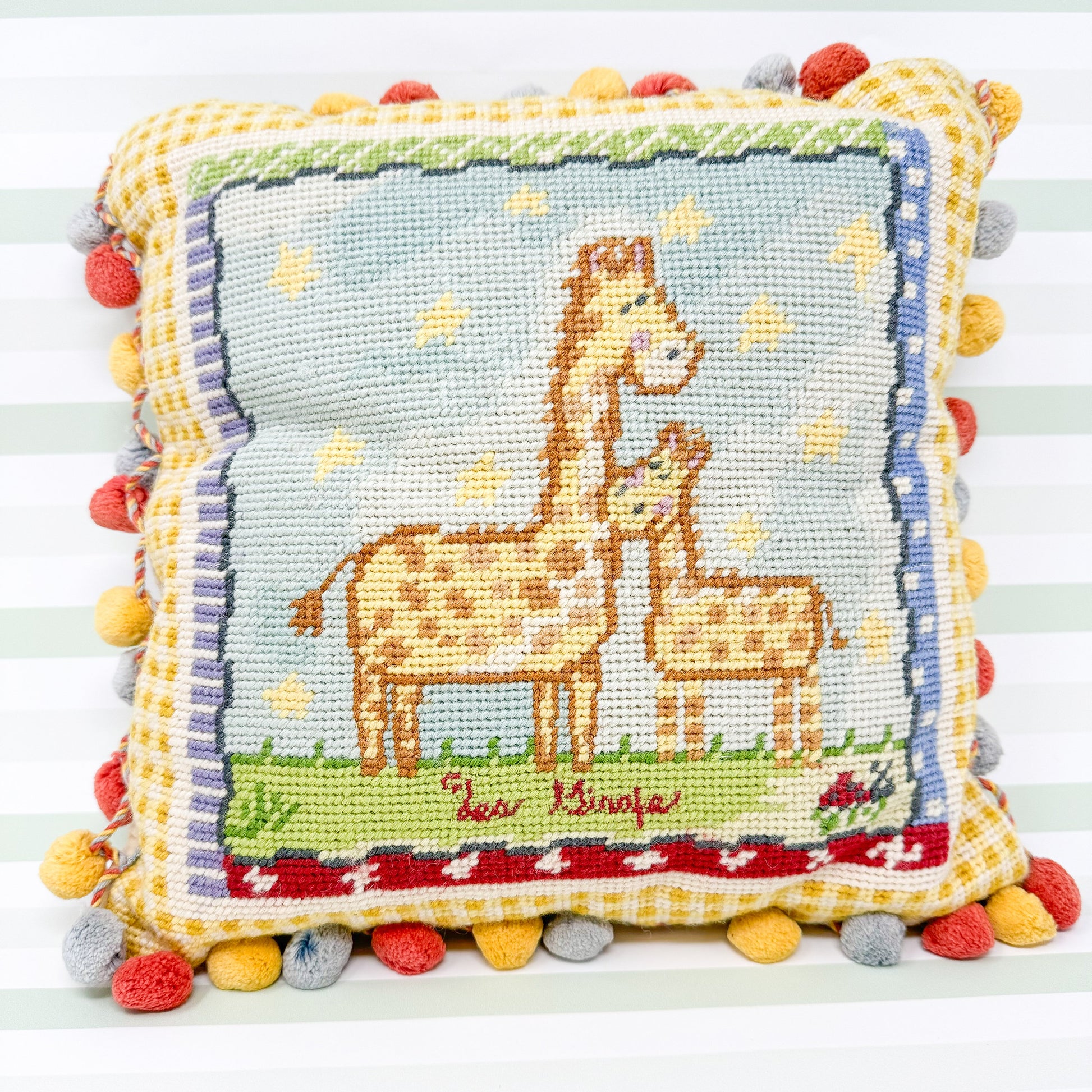 Vintage Giraffe Kids Needlepoint Pillow